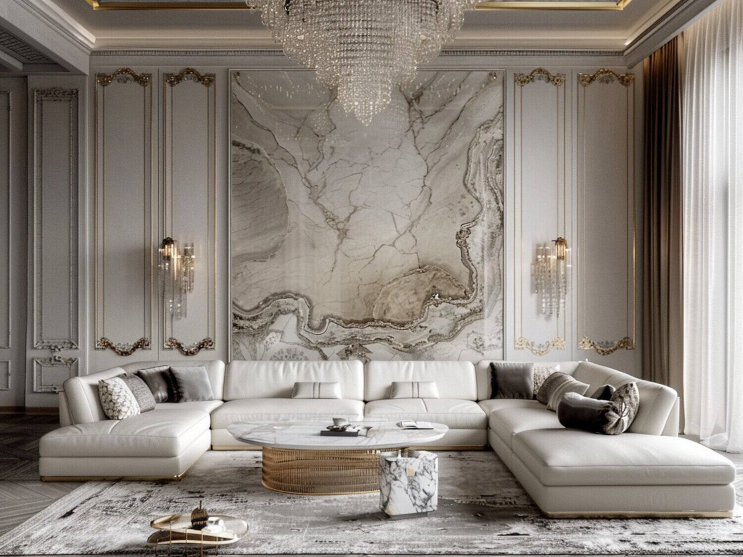 Jak urządzić przestronny salon z dużym narożnikiem w stylu glamour?