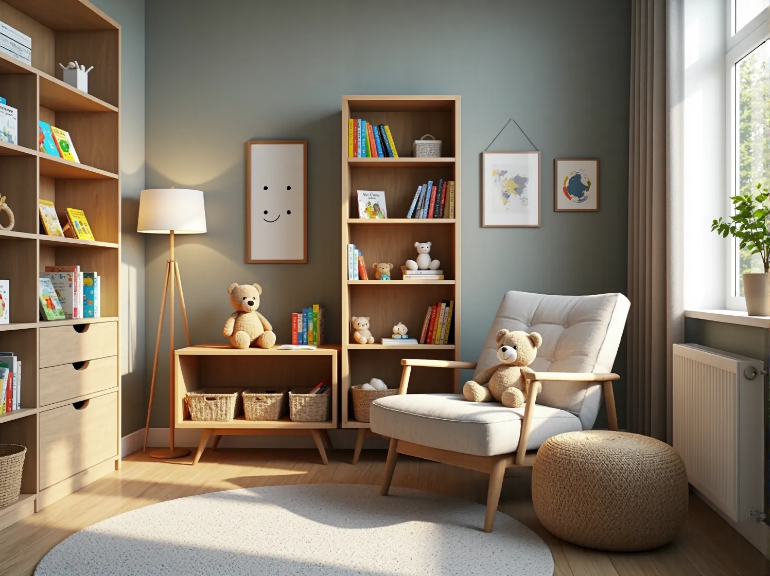 Aranżacja sypialni niemowlaka w stylu skandynawskim z motywem leśnych zwierząt na ścianie.