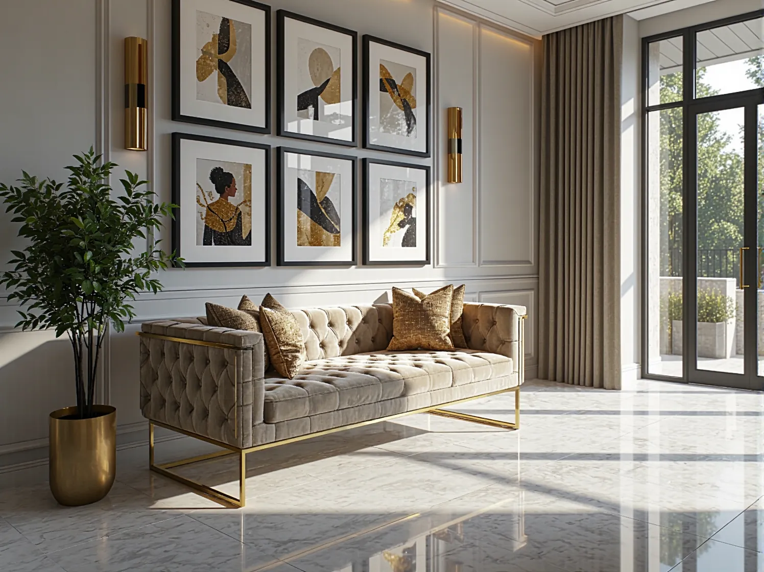 Nowoczesny przedpokój glamour z marmurową podłogą i tapicerowanym siedziskiem.