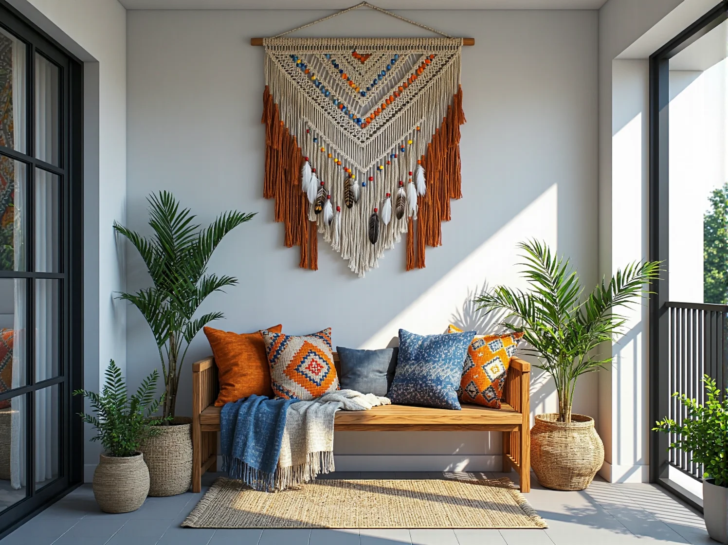 Aranżacja balkonu boho: wygodne siedzisko z poduszkami i rośliny