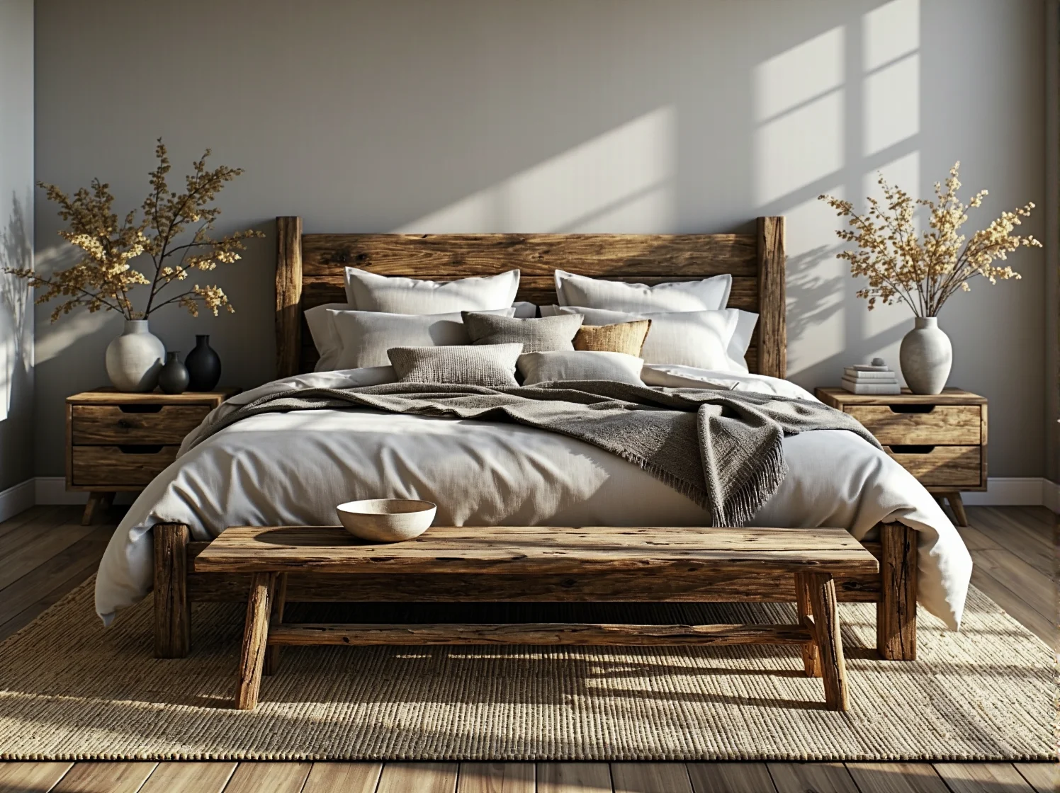 Przytulna aranżacja rustykalnej sypialni z dużym, luksusowym łóżkiem kontynentalnym.