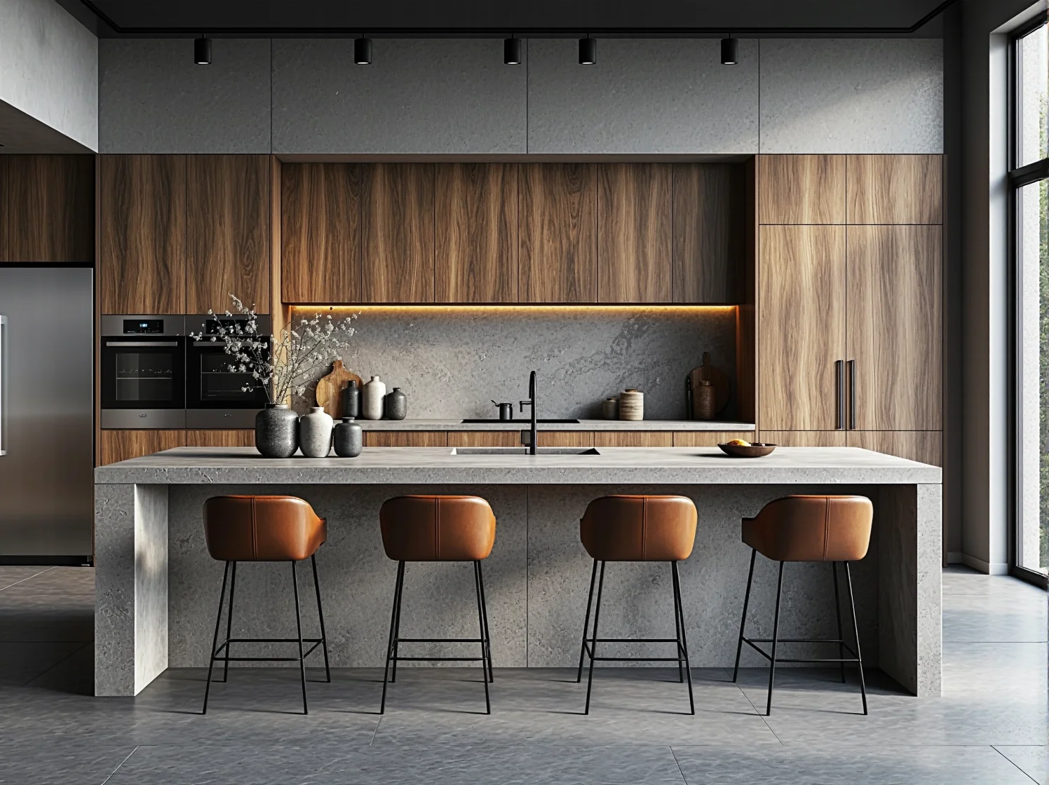 Połączenie betonu z marmurem w luksusowej kuchni prezentującej nowoczesny styl industrialny.