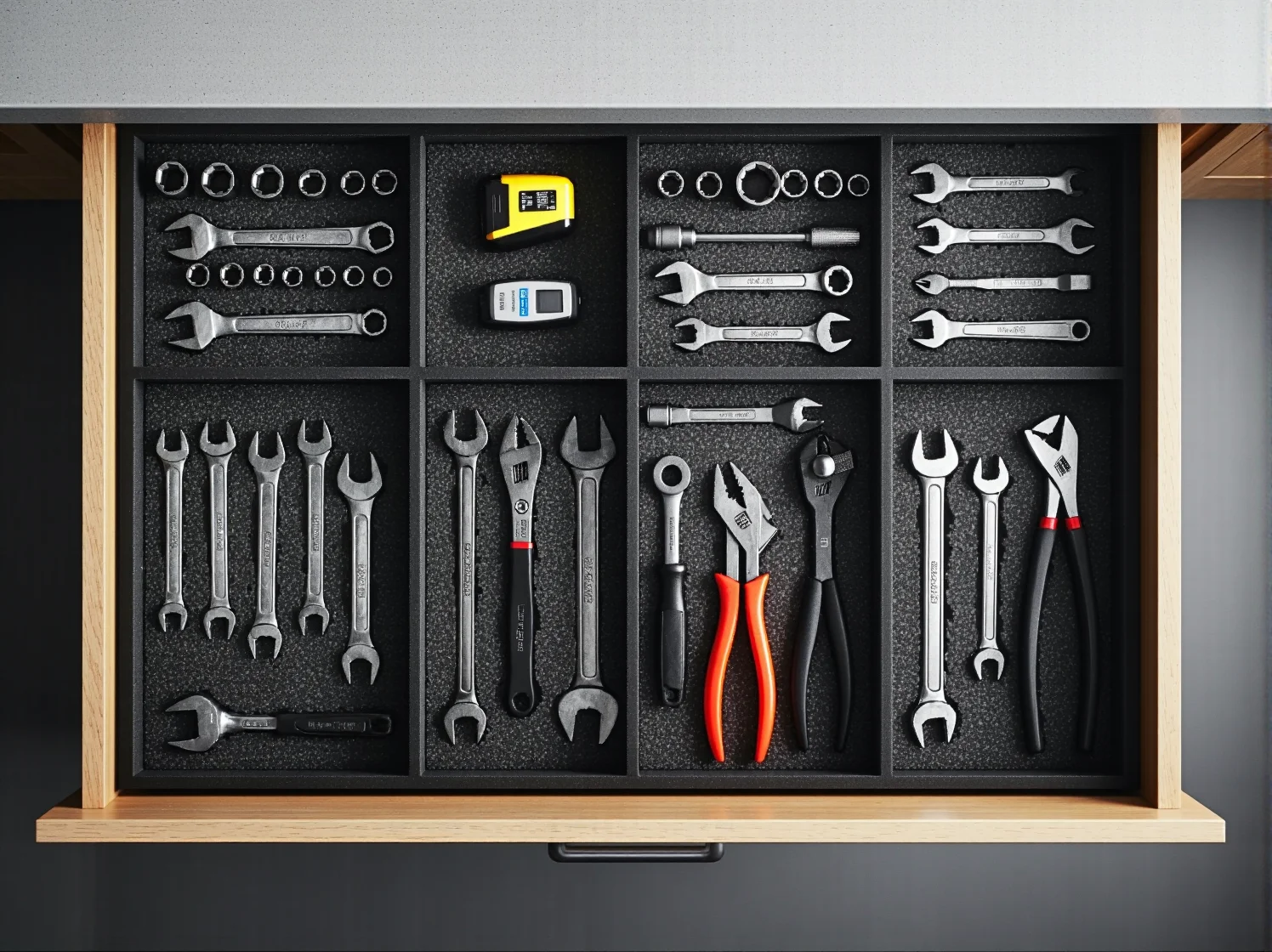 Bezpieczeństwo w warsztacie DIY: okulary i rękawice ochronne obok narzędzi do obróbki drewna.