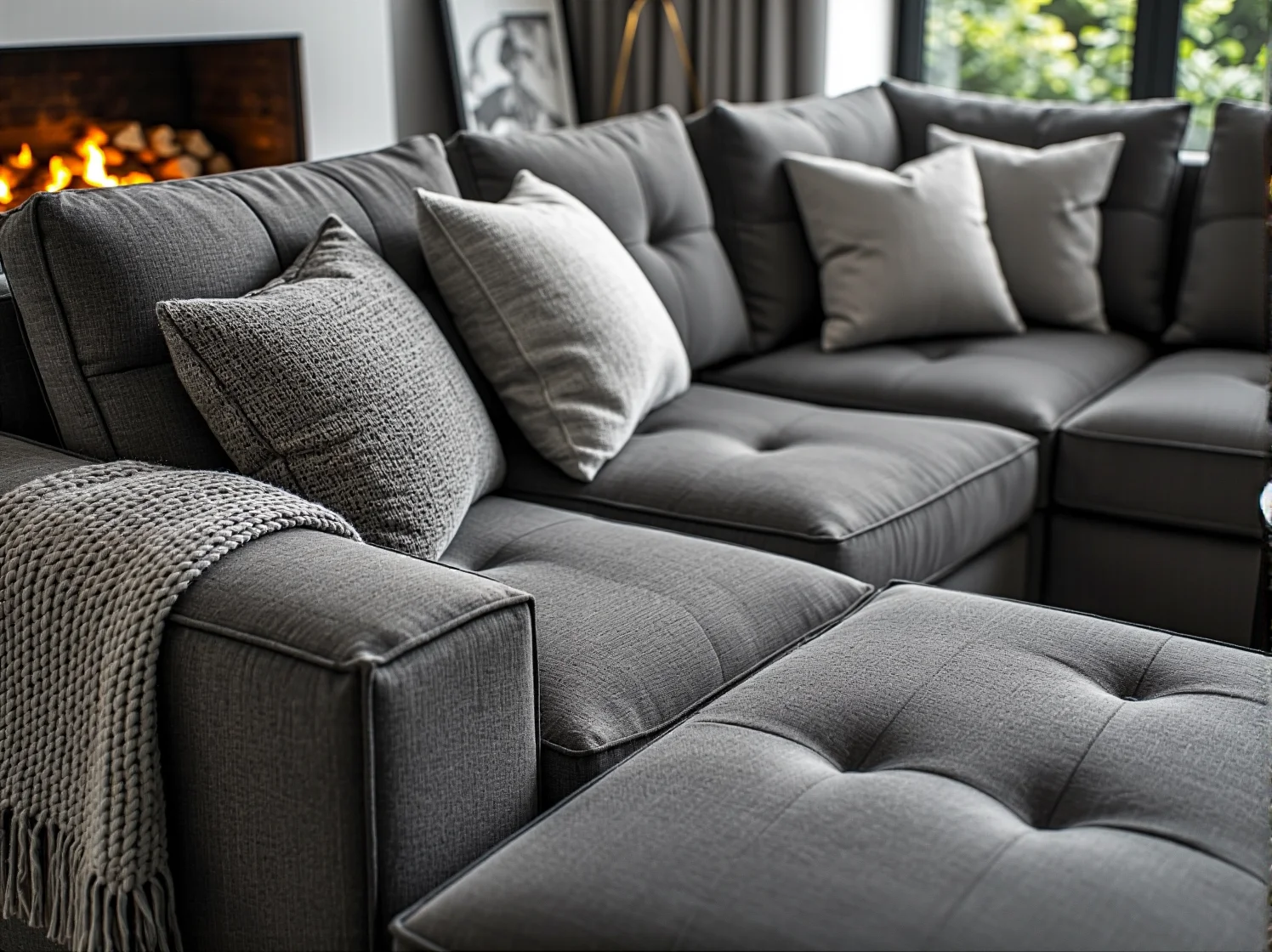 Zasady bezpiecznego ustawienia narożnika przy kominku w nowoczesnym pokoju dziennym.