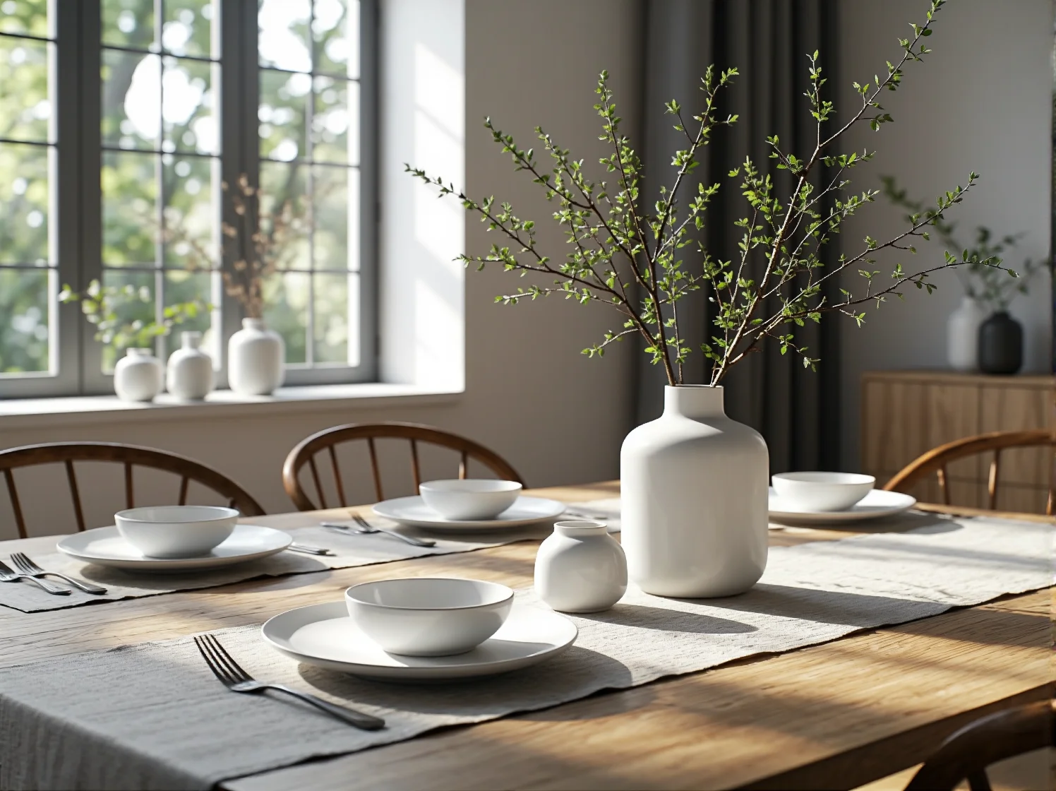 Biała jadalnia w stylu skandynawskim z nowoczesnym oświetleniem i dodatkami.