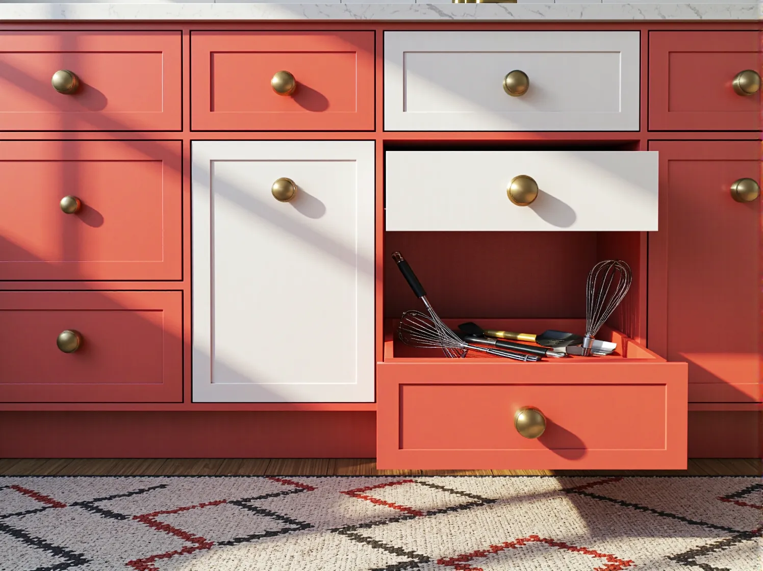 Metamorfoza kuchni retro: białe szafki z przeszkleniami i ceramicznymi gałkami.