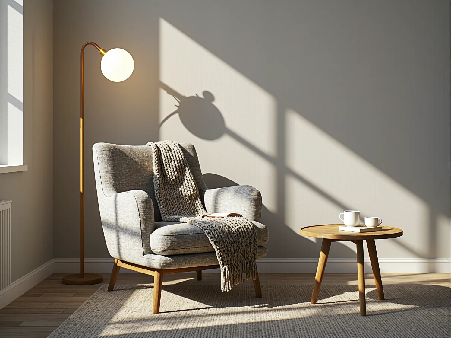 Nowoczesna biała lampa sufitowa w jasnym wnętrzu skandynawskim oświetlająca kącik do czytania.