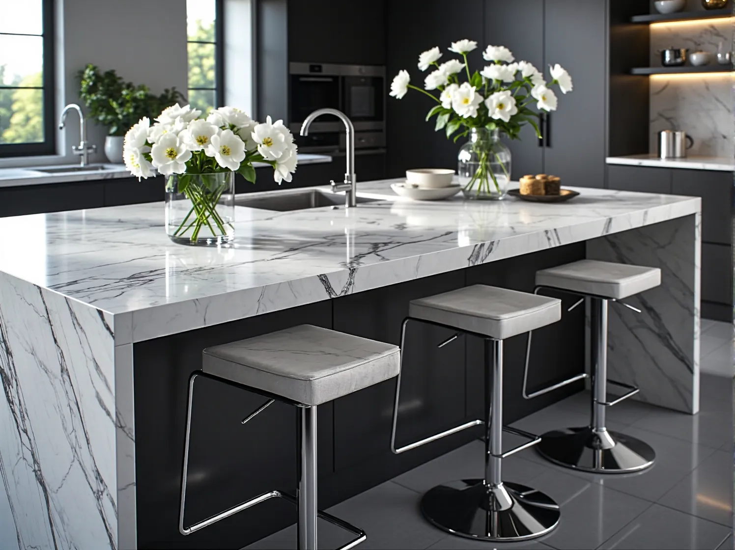 Białe meble kuchenne na wysoki połysk w luksusowej aranżacji glamour.