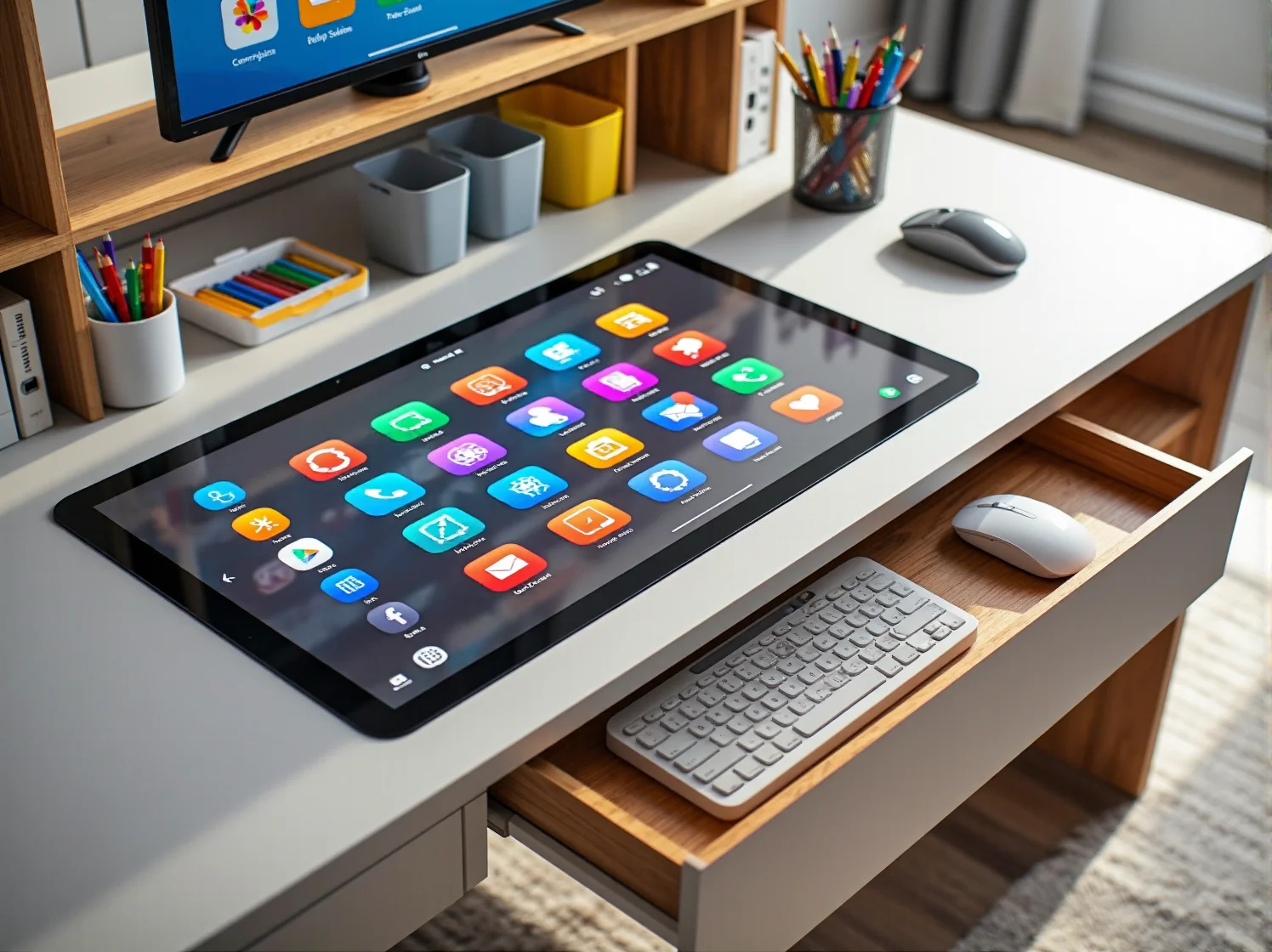 Biurko dla dziecka z interaktywnymi dodatkami ułatwiającymi codzienną naukę.