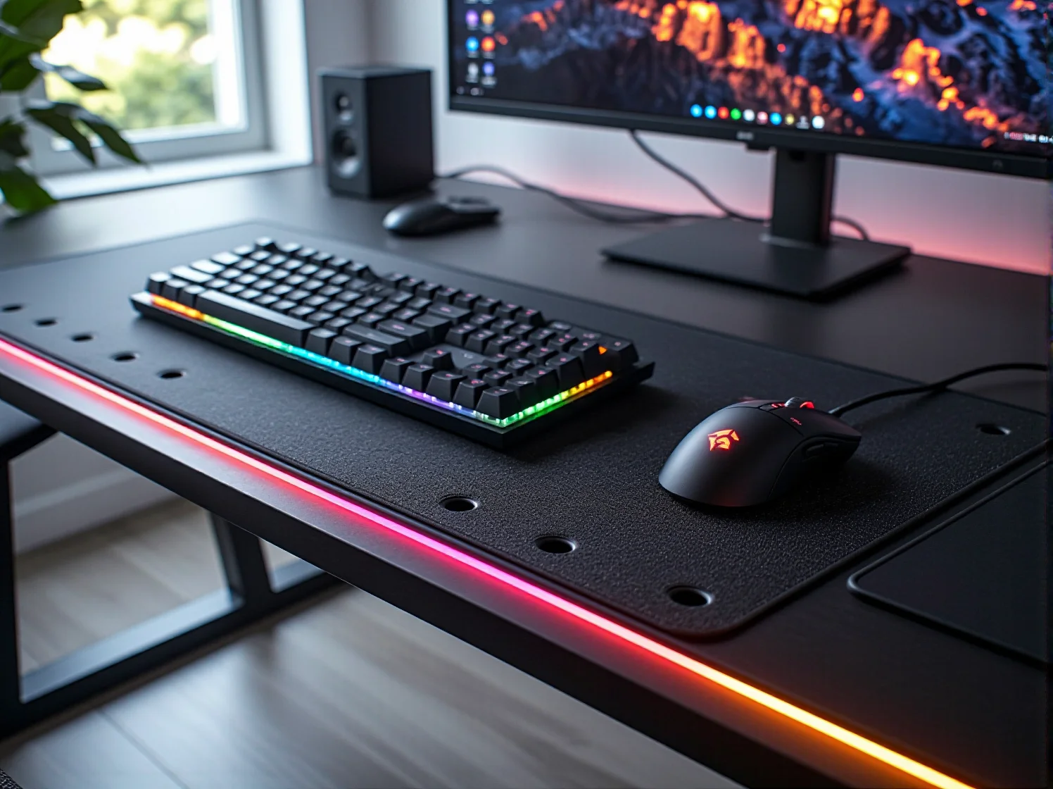 Duże biurko gamingowe z podświetleniem LED i ergonomicznym blatem, idealne dla profesjonalnego gracza.