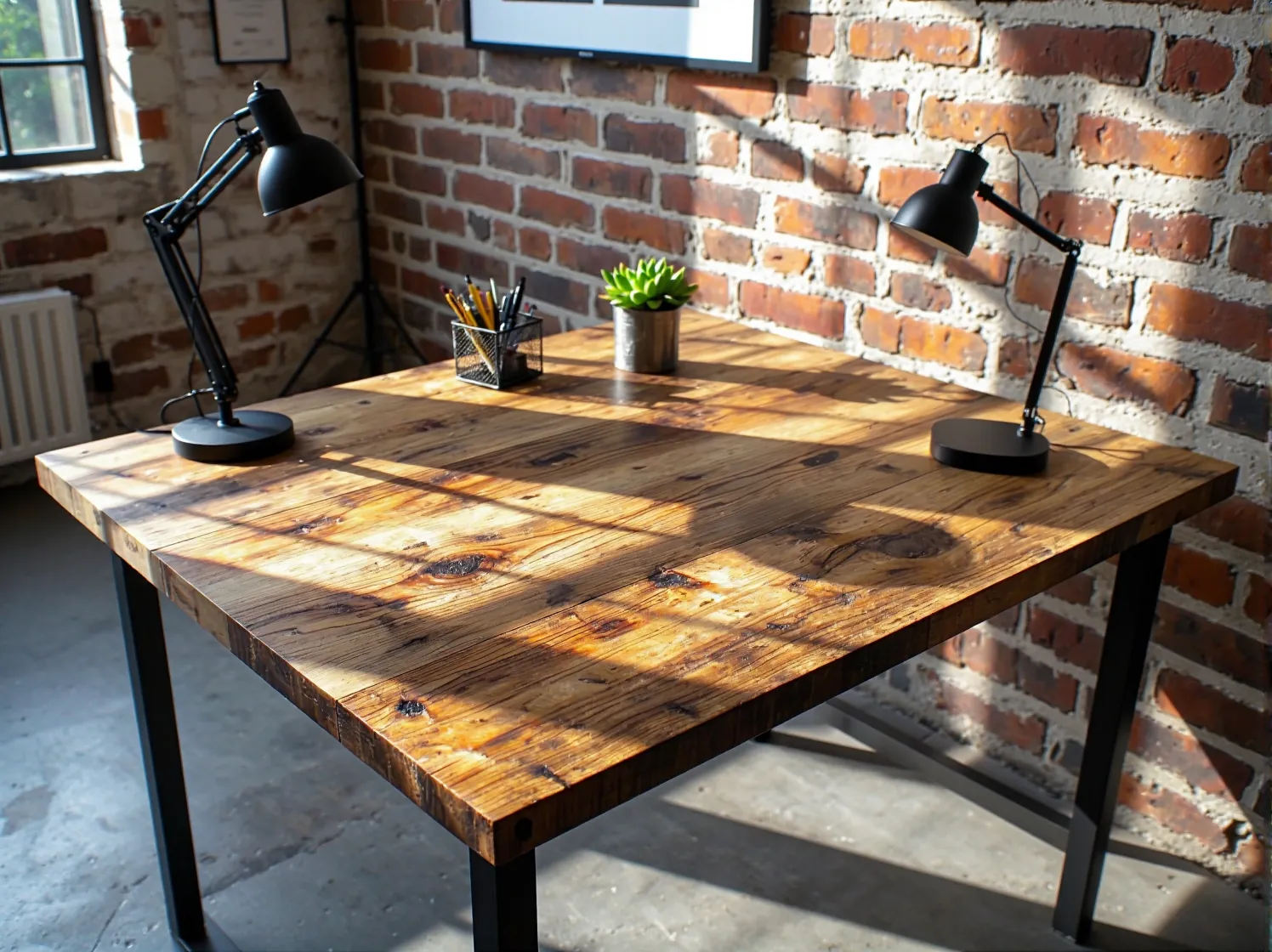 Funkcjonalne biurko loftowe z metalowym regałem w kąciku do pracy w małym mieszkaniu