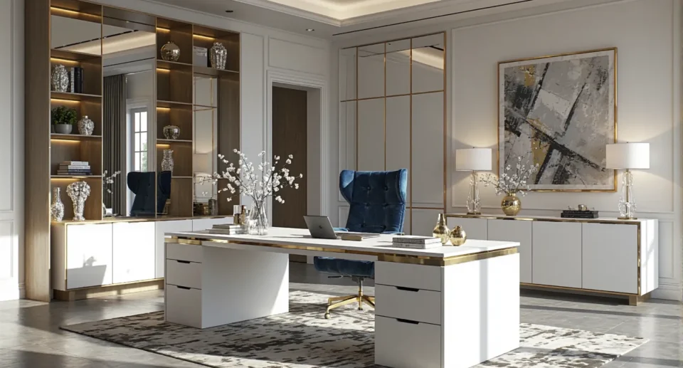 Białe biurko gabinetowe ze złotymi akcentami i szufladami