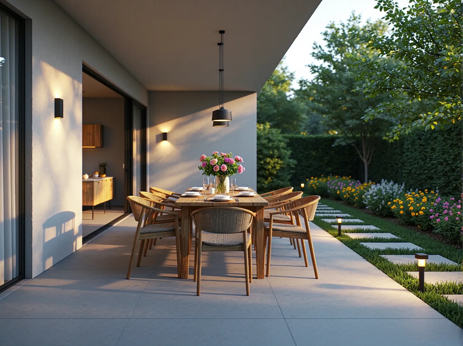 Klimatyczne girlandy świetlne nad tarasem ogrodowym budujące magiczną atmosferę po zmroku.