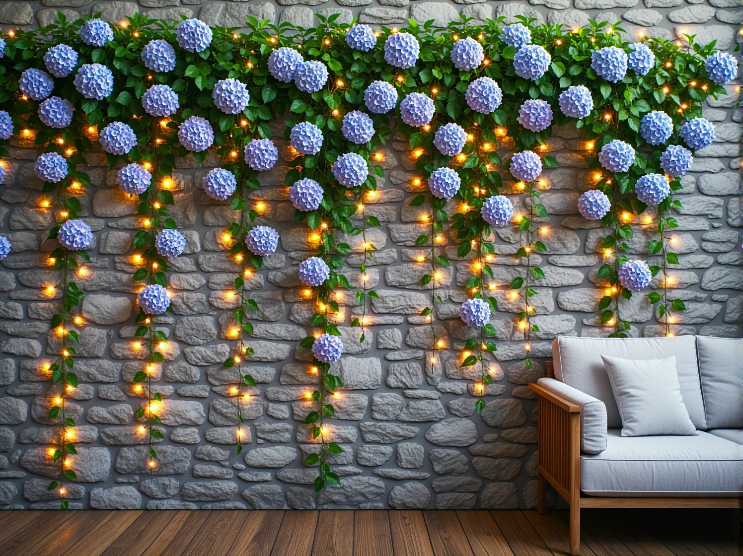 Dekoracyjne lampiony LED na tarasie w stylu angielskim, tworzące przytulną atmosferę po zmroku.