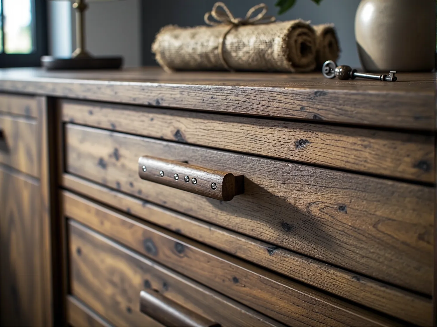 Zbliżenie na słoje drewna po wykończeniu mebla bejcą rustykalną.