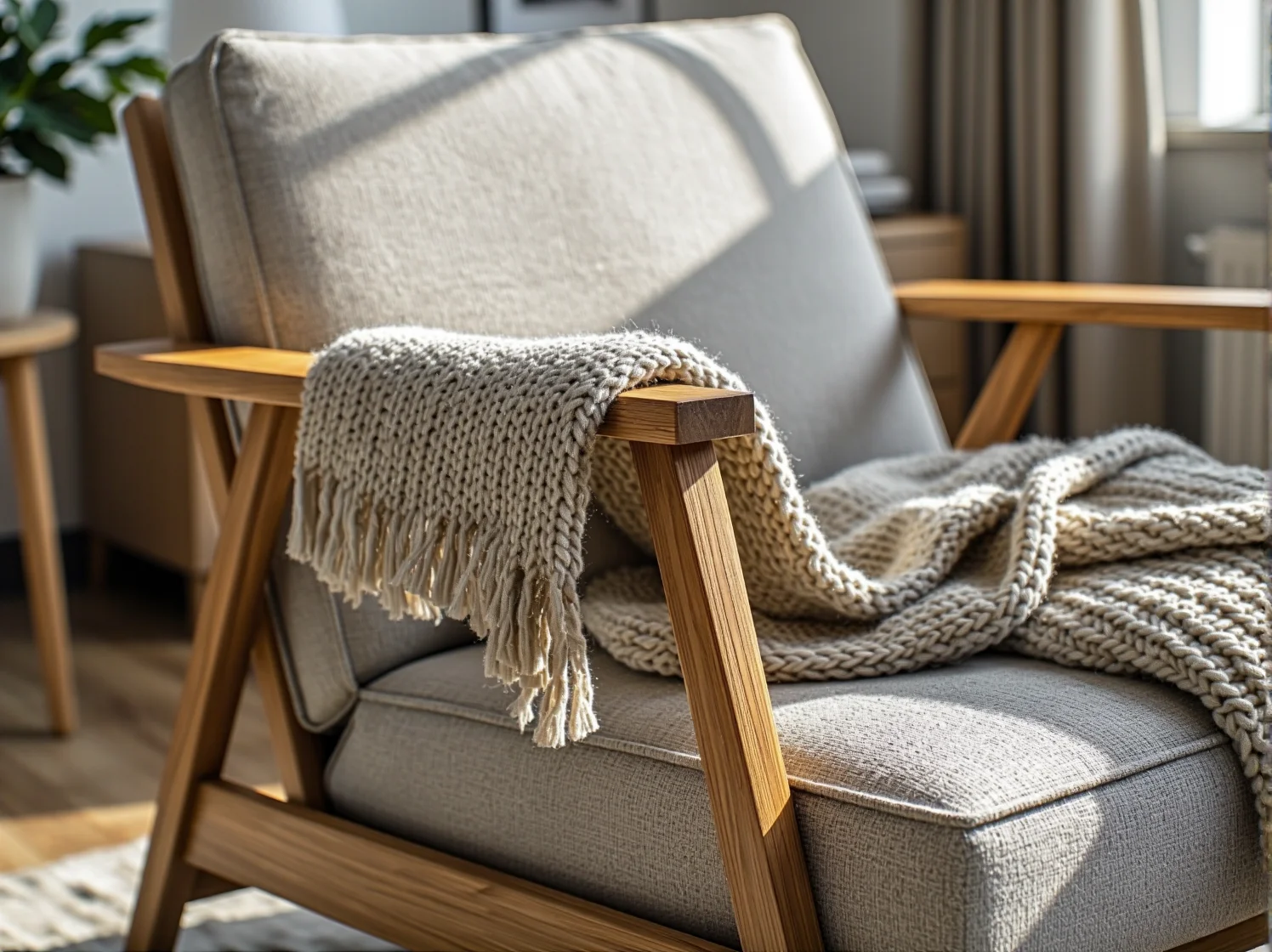 Detal drewnianych nóżek i miękkiej tkaniny fotela skandynawskiego do sypialni.