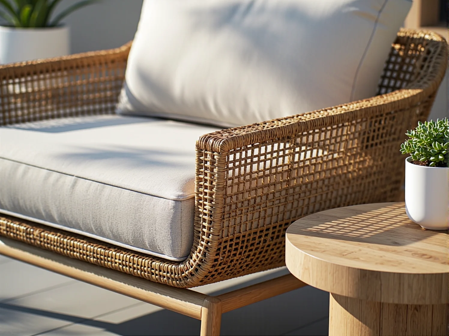 Zbliżenie na wzorzyste poduszki i ciepły pled, które są idealnymi dodatkami do nowoczesnych mebli ogrodowych.