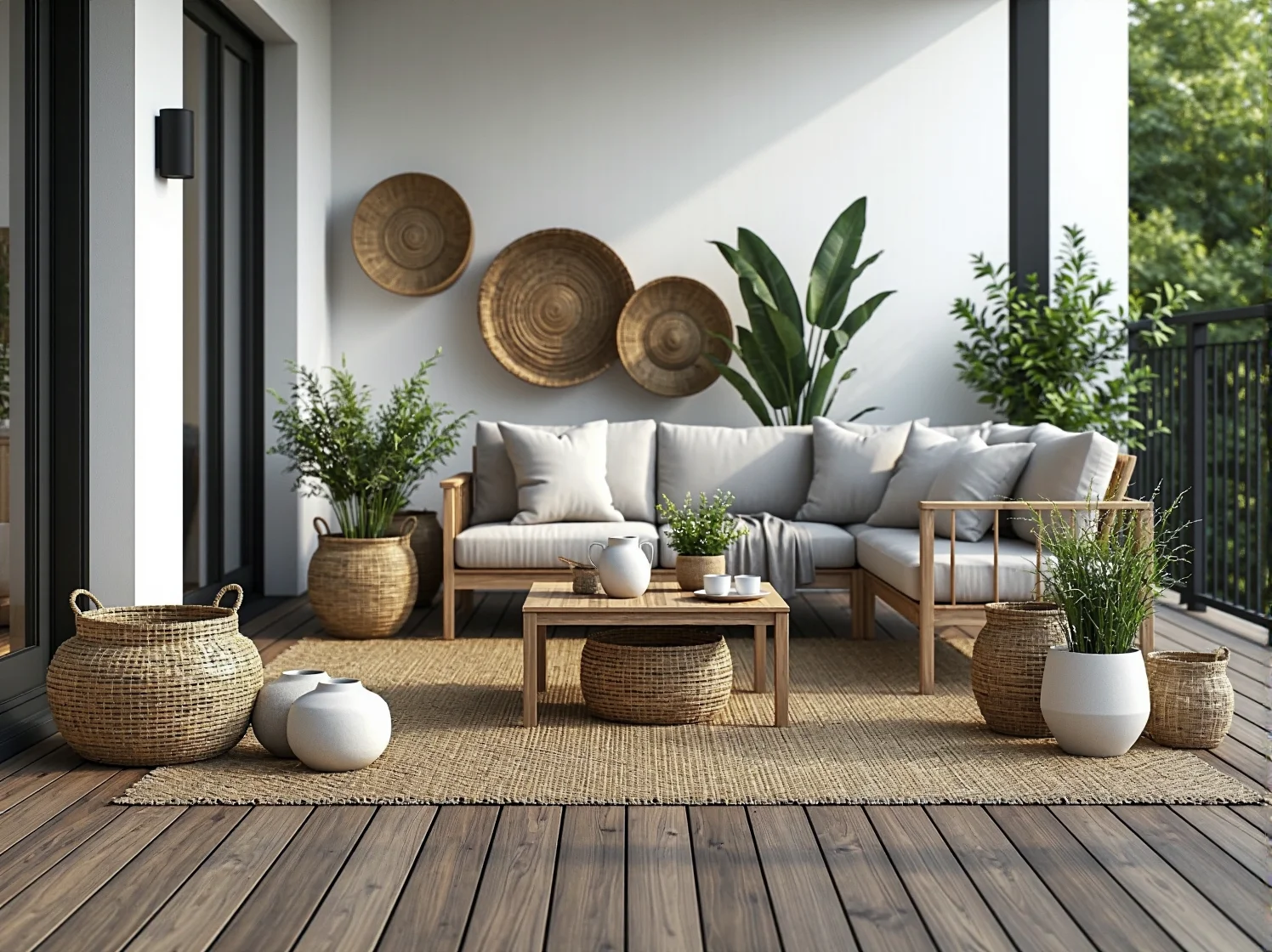 Wieczorne oświetlenie i tekstylia z naturalnych materiałów na nowoczesnym tarasie.