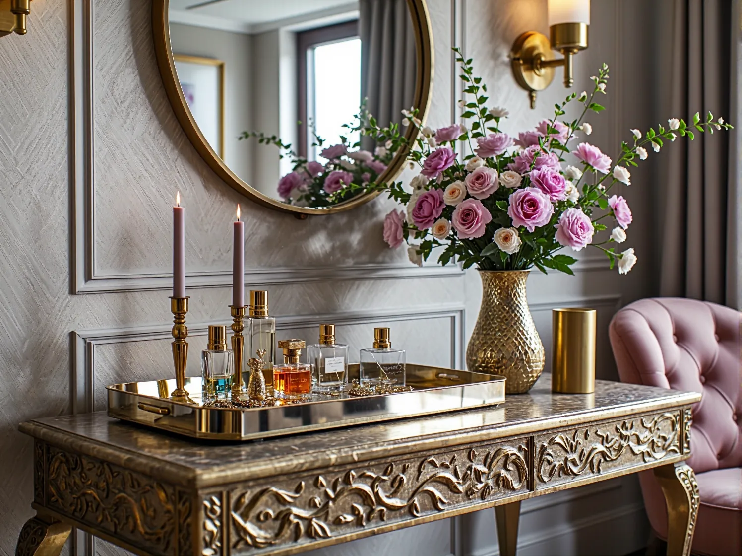 Złoty stolik kawowy i dekoracje retro na tle nowoczesnego salonu typu glamour.