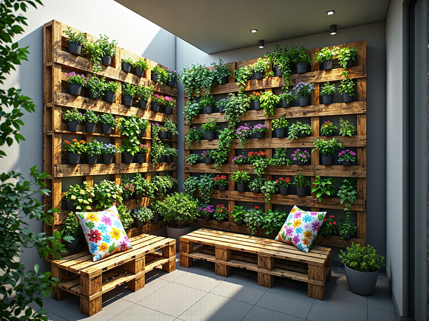 Drewniane doniczki z ziołami na barierki balkonu w małym mieszkaniu.