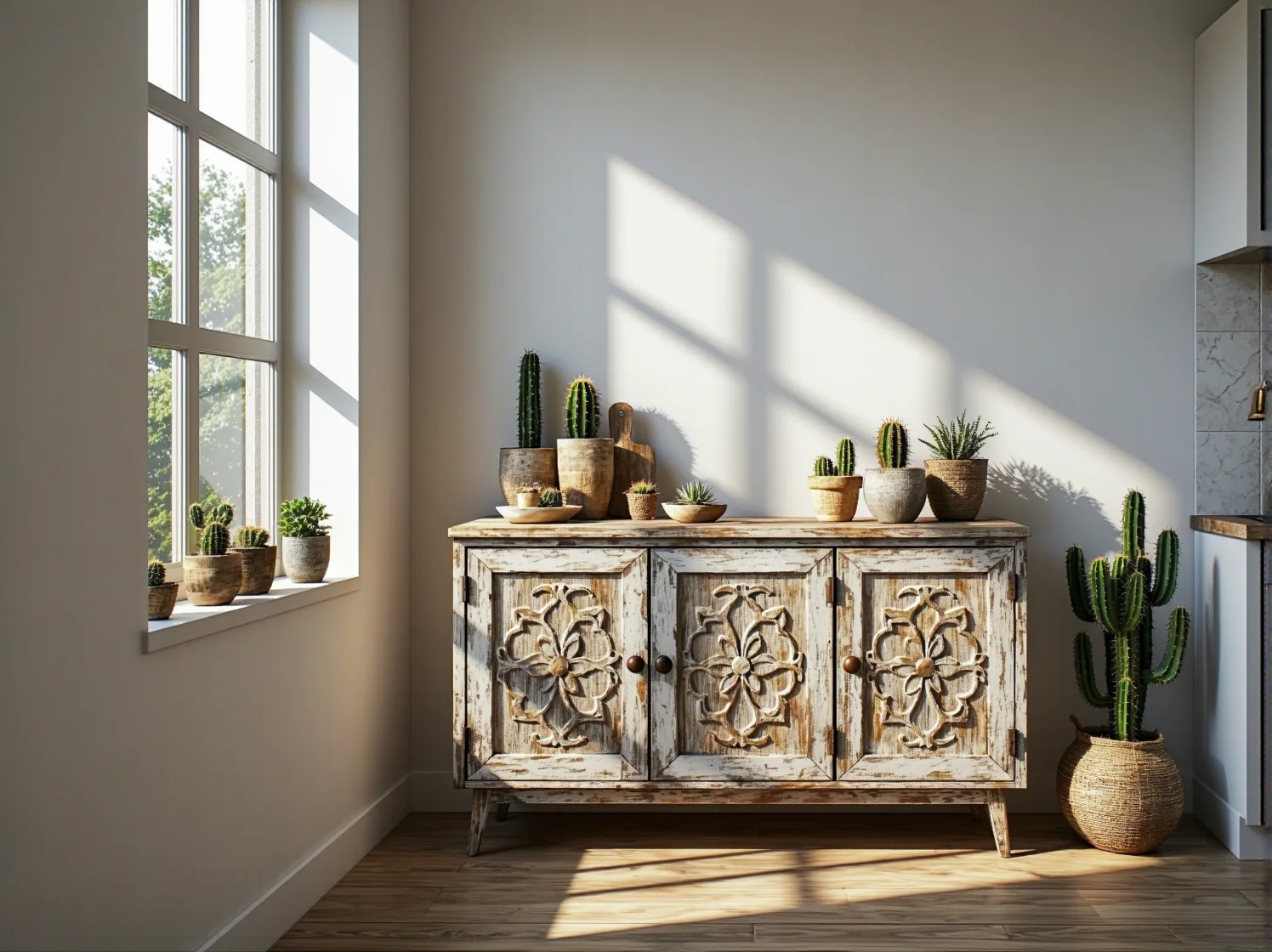 Drewniane półki ścienne z odzysku w jasnej kuchni w klimacie boho.