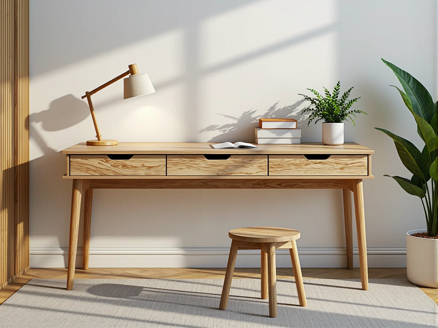 Ekologiczne meble dziecięce z naturalnego drewna w jasnym, minimalistycznym wnętrzu.