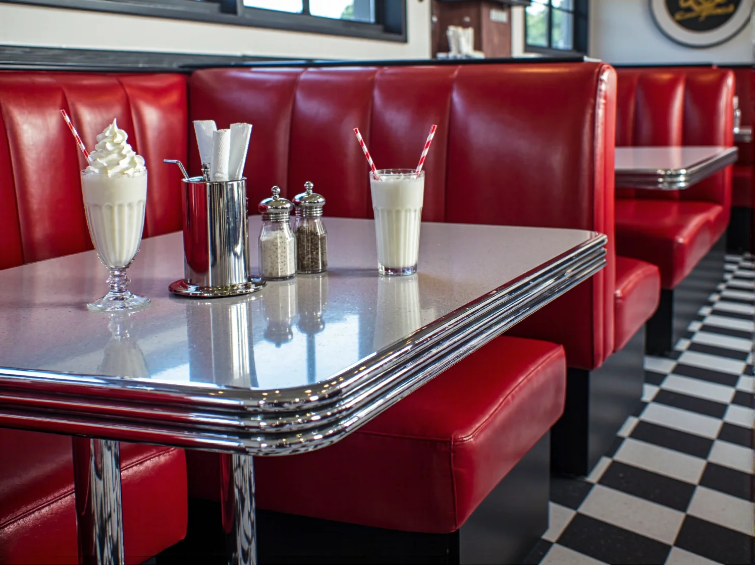 Stylowe, skórzane fotele i stoliki w eleganckim bistro retro, nawiązujące do estetyki z połowy XX wieku.