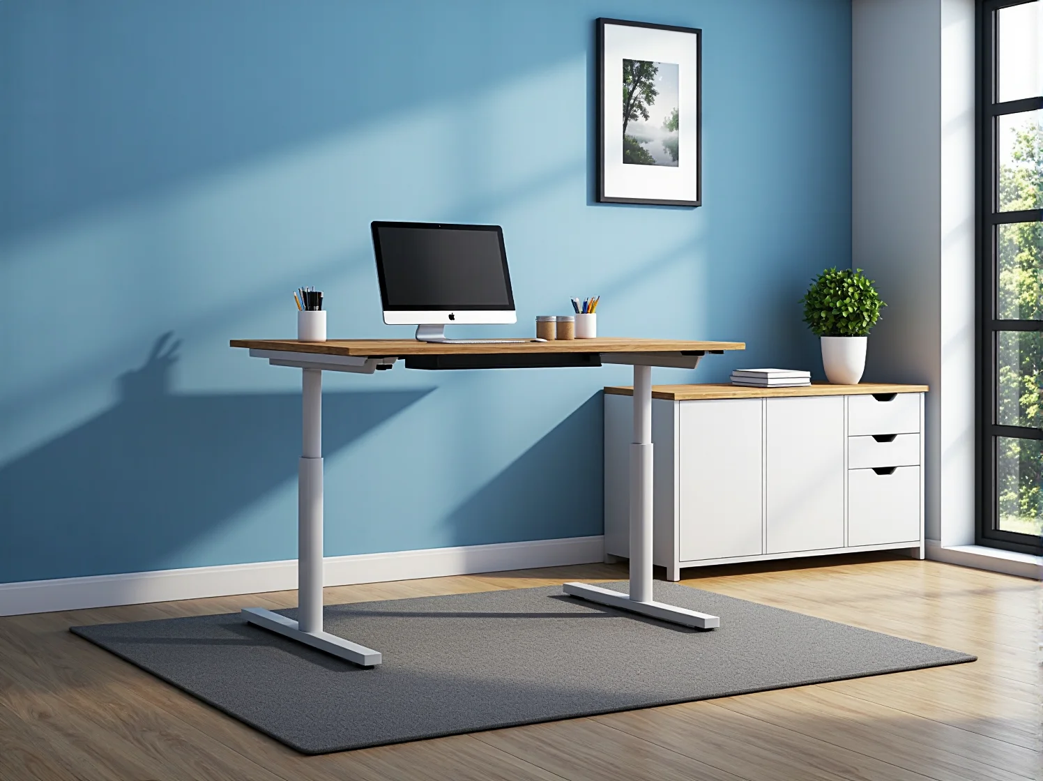 Elektryczne biurko z regulacją wysokości umożliwiające pracę na stojąco i siedząco.