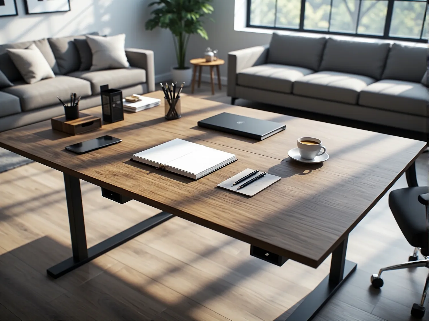 Ergonomiczne stanowisko pracy z regulowanym biurkiem zwiększające produktywność.