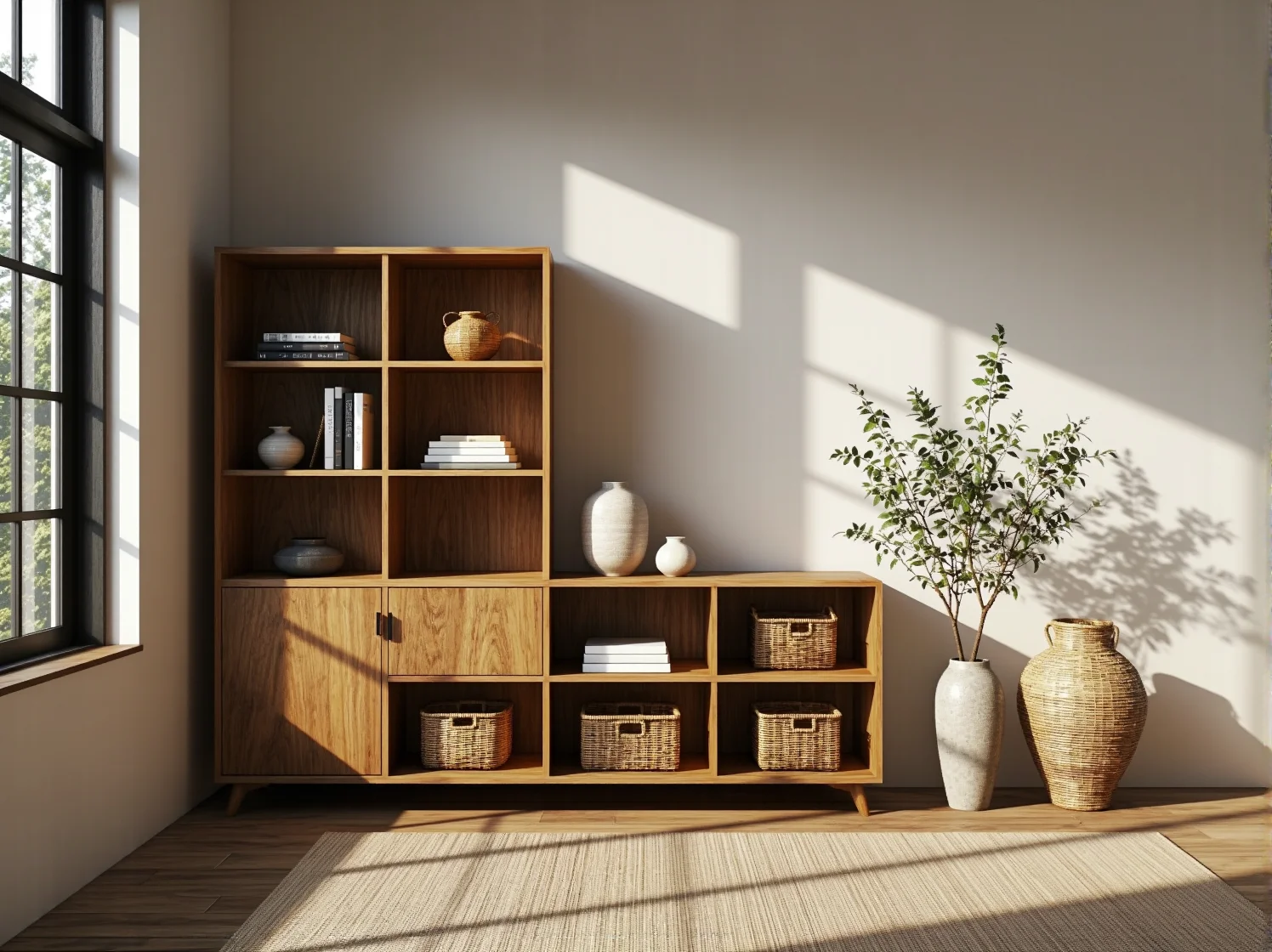 Pleciony fotel i naturalne dodatki w salonie japandi, tworzące harmonijną przestrzeń relaksu.