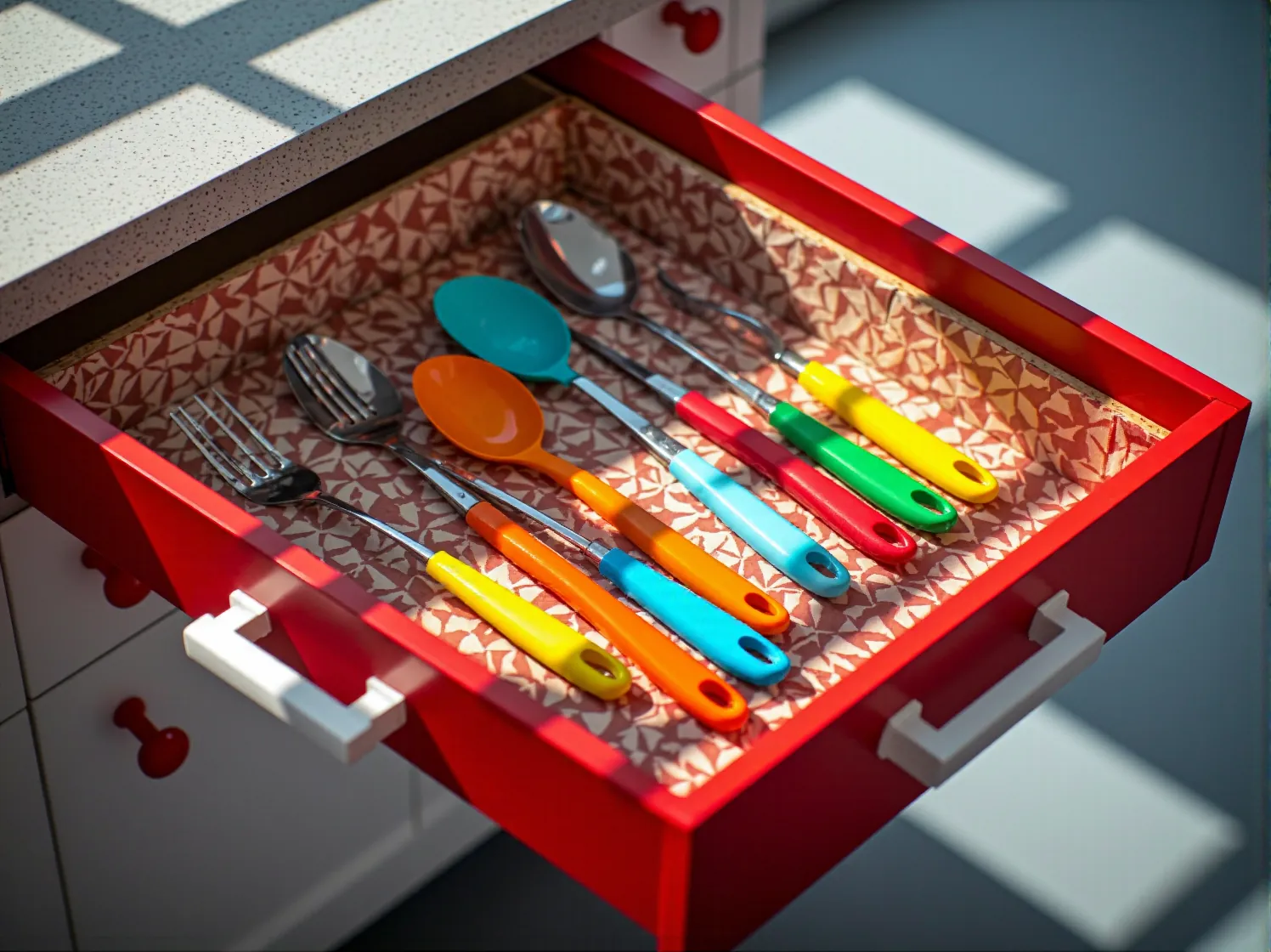 Pomysł na metamorfozę szafek: fronty z plecionką wiedeńską w kuchni w stylu retro.