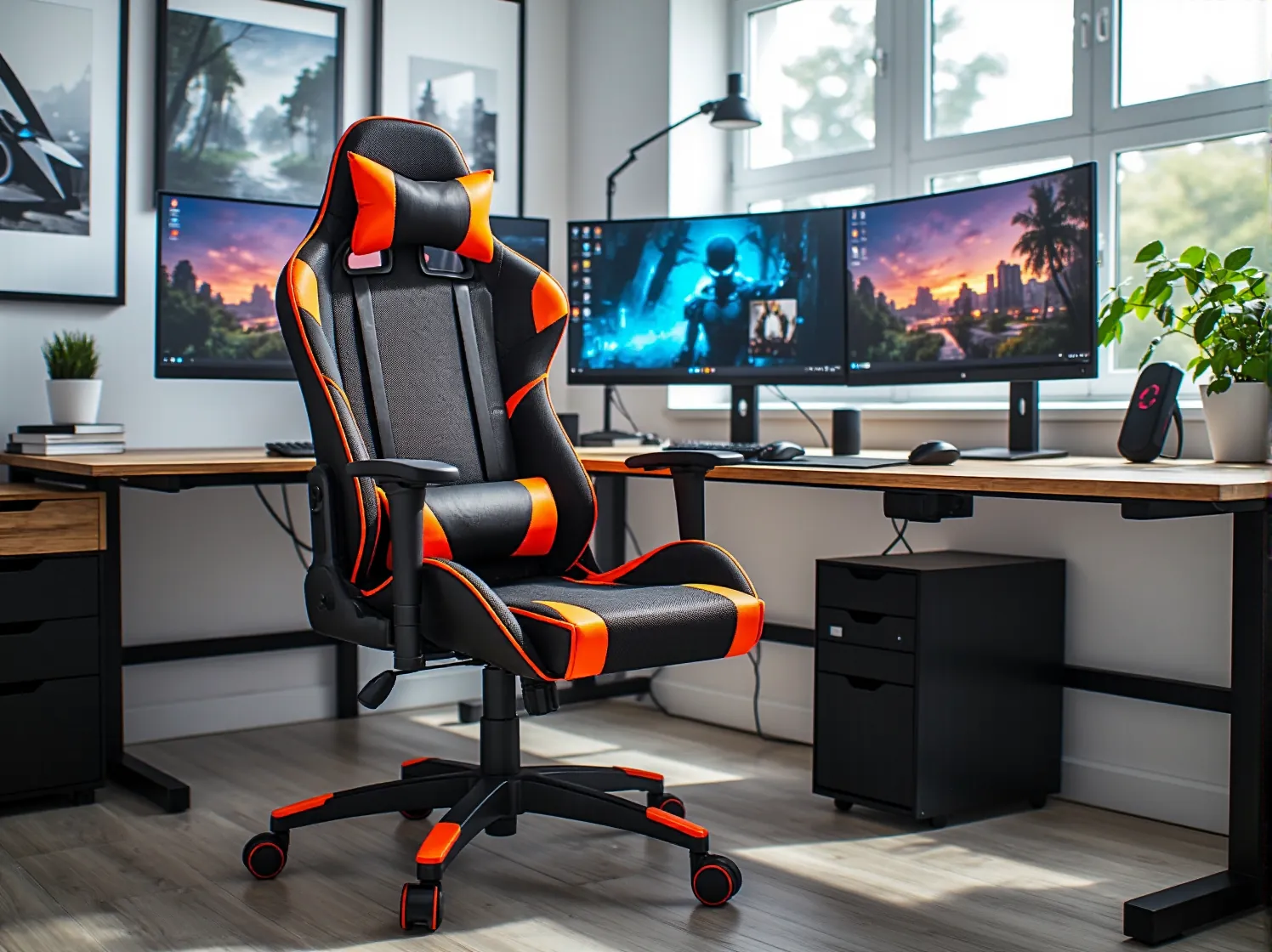 Czarne biurko dla gracza z uchwytami na słuchawki i kubek. Funkcjonalne rozwiązanie do pokoju gamingowego.