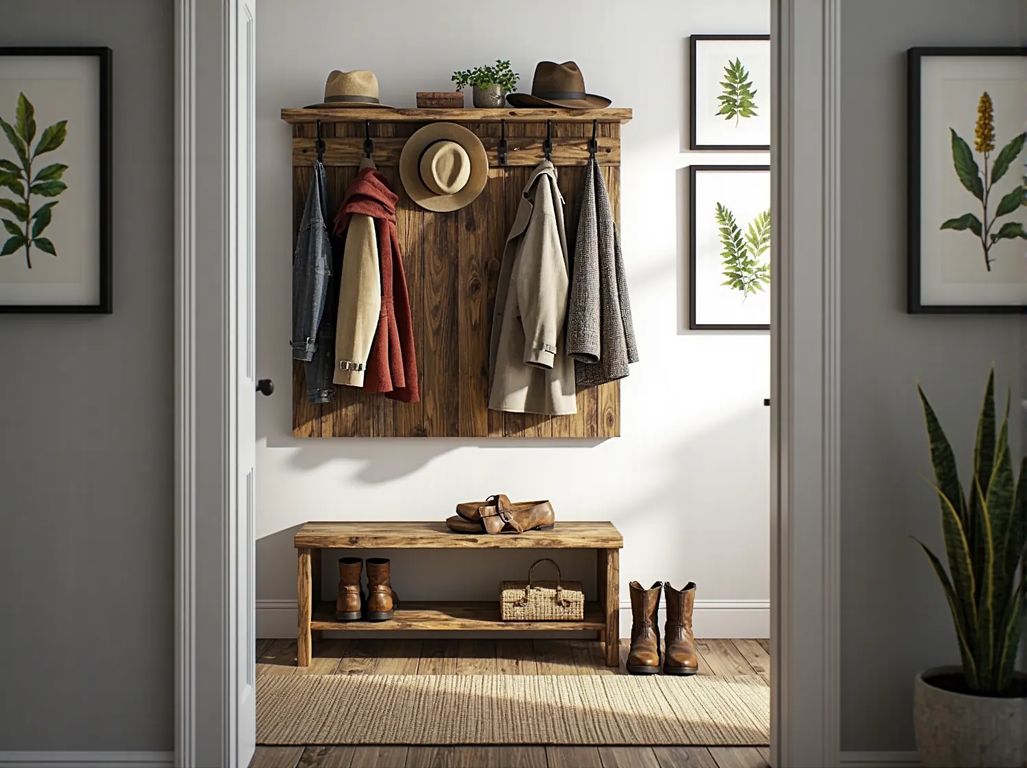 Funkcjonalne kosze wiklinowe i lustro w drewnianej ramie w rustykalnym przedpokoju.