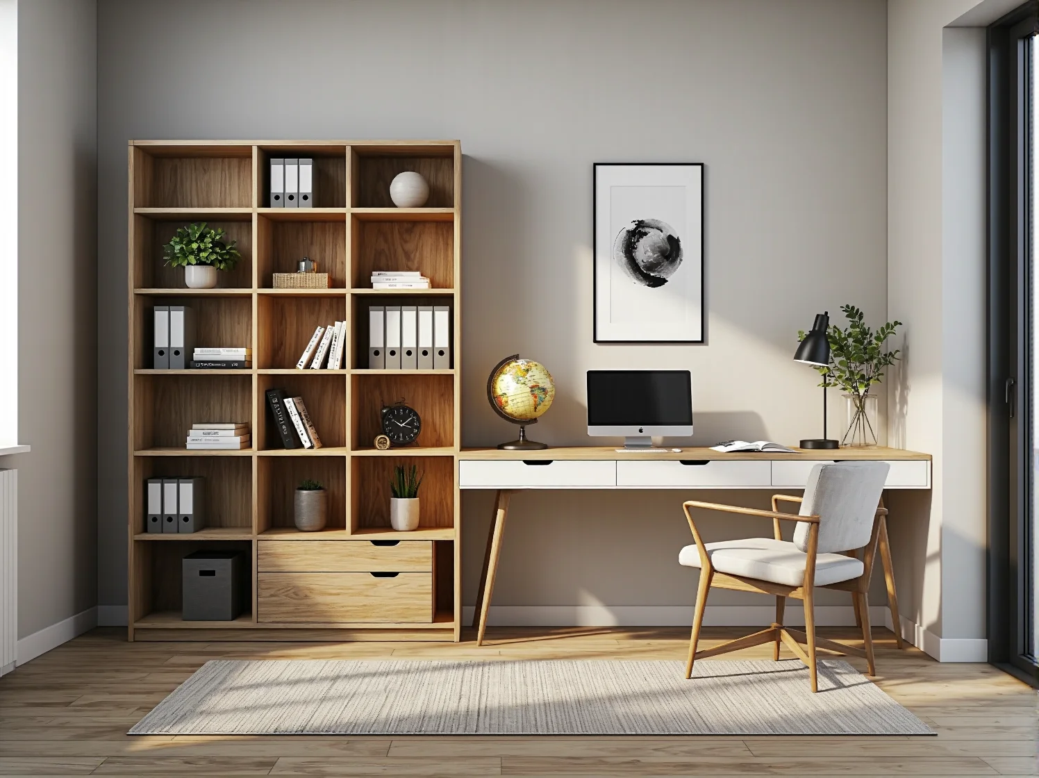 Funkcjonalne półki regału skandynawskiego z dekoracjami i książkami w minimalistycznym wnętrzu.