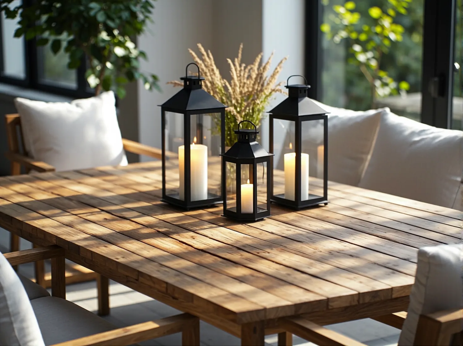 Dekoracyjne girlandy świetlne nad meblami ogrodowymi jako modny element oświetlenia zewnętrznego.