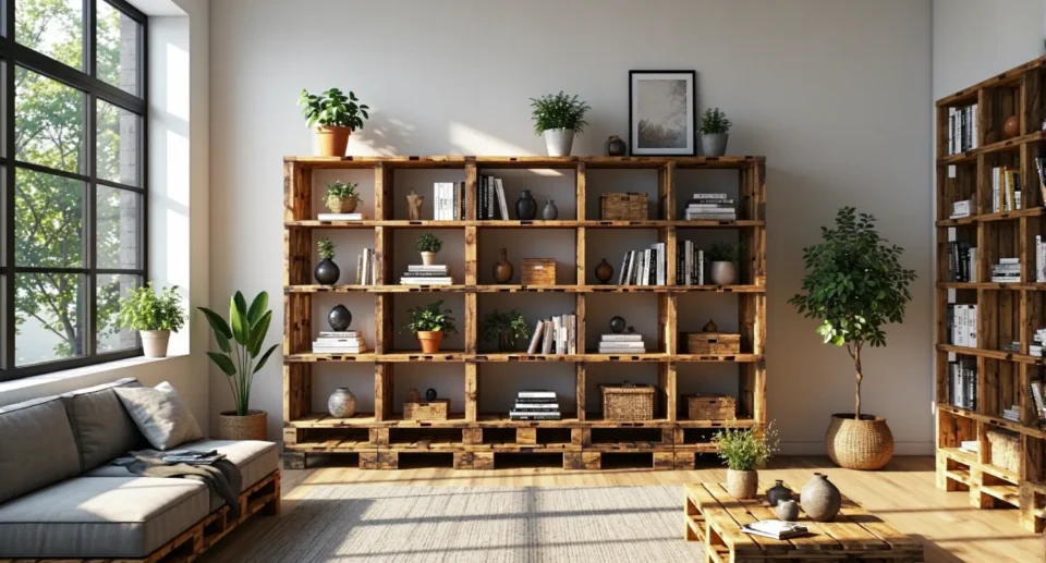 Regał z palet drewnianych w stylu rustykalnym z wieloma przegrodami