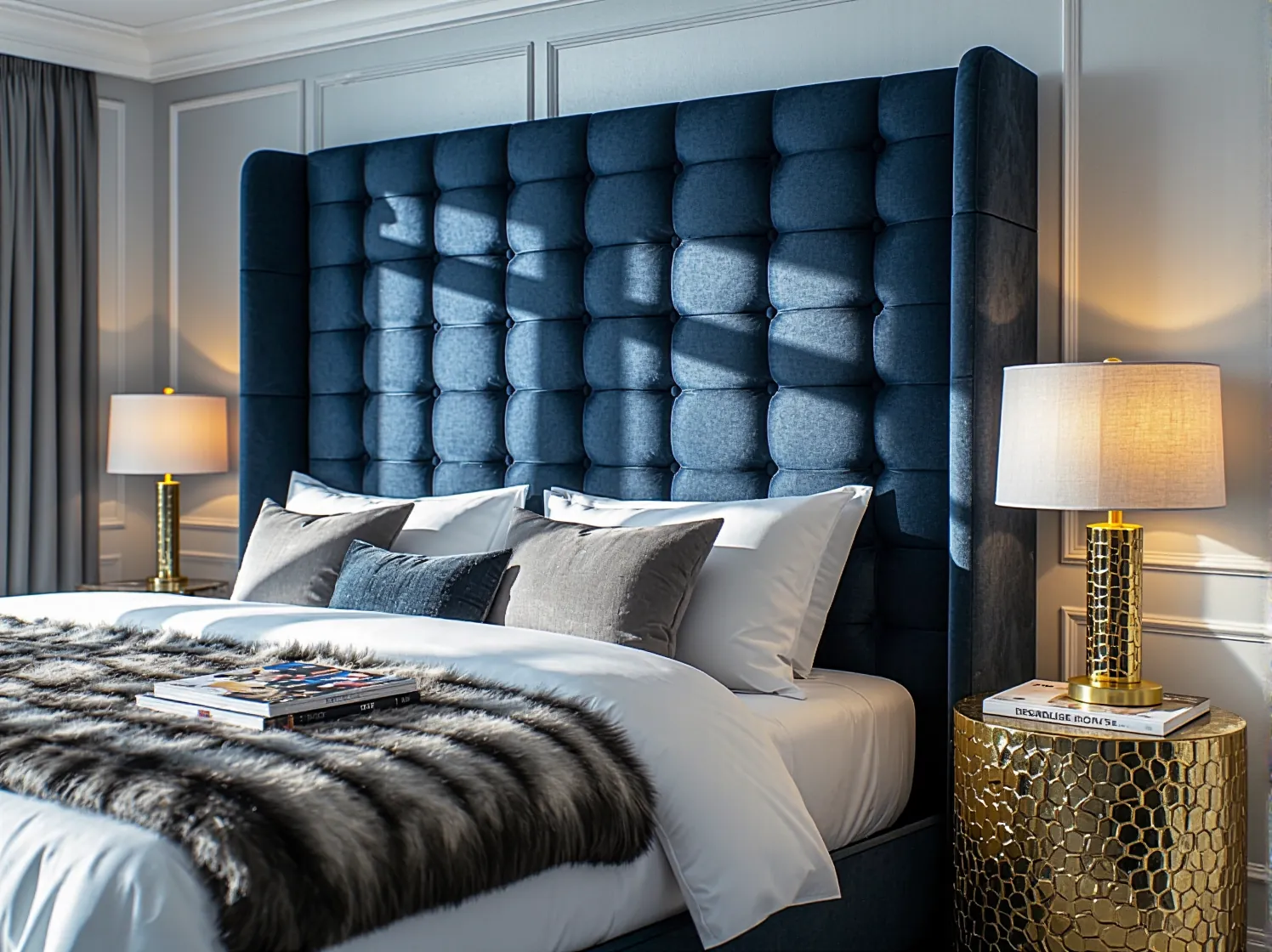 Granatowe ściany w jadalni glamour podkreślone przez kryształowy żyrandol i welurowe krzesła przy stole.