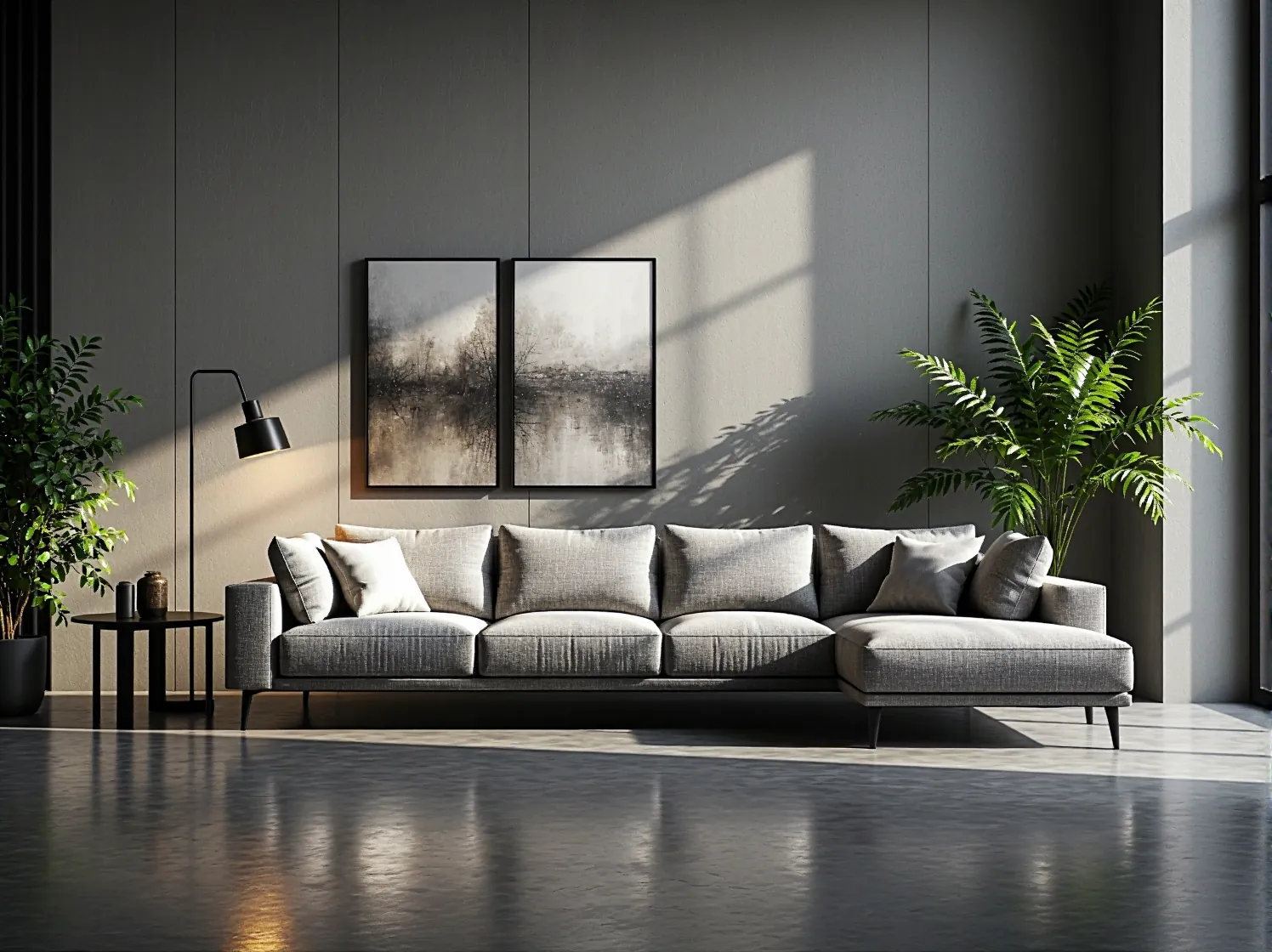 Granatowy narożnik kontrastujący z jasnym światłem wpadającym przez duże szyby.