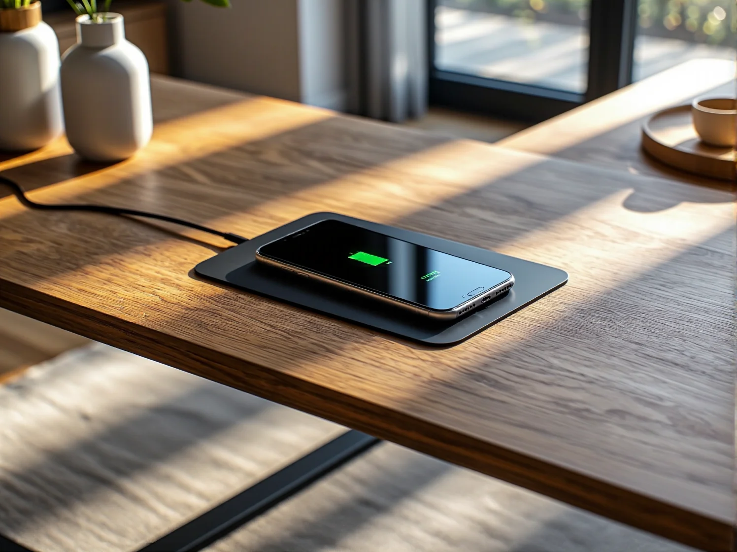 Zbliżenie na panel sterowania inteligentnego stołu z portami USB i przyciskami systemu audio.