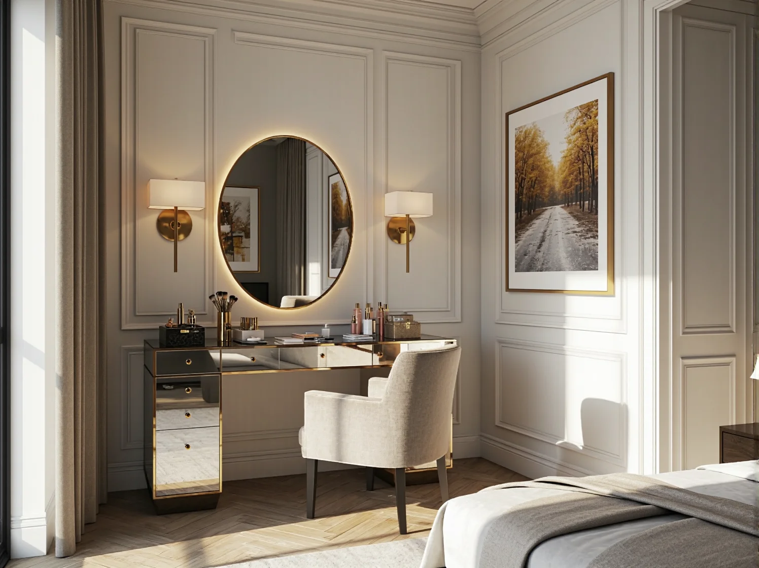 Miękkie jedwabne poduszki na łóżku w sypialni urządzonej w stylu glamour.