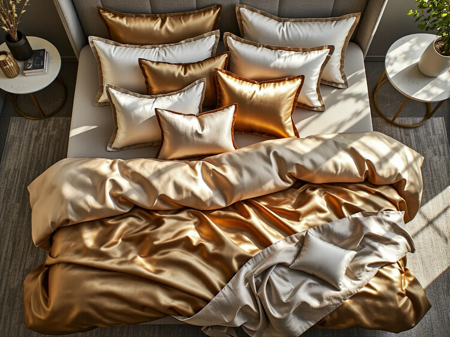 Eleganckie jedwabne zasłony w jasnej sypialni glamour z kryształowym żyrandolem.