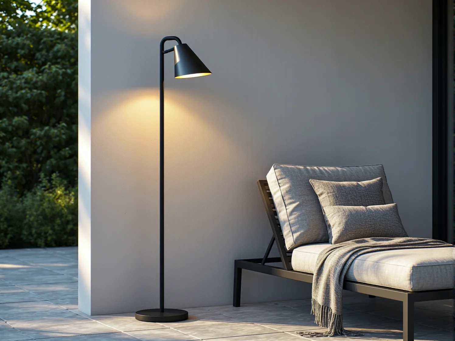 Eleganckie kinkiety zewnętrzne na elewacji domu oświetlające strefę wypoczynku na tarasie.