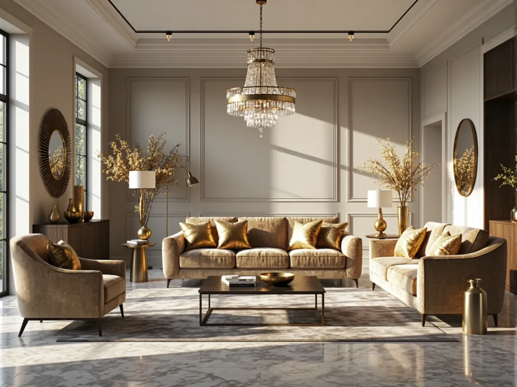 Elegancka sofa trzyosobowa beżowa ze złotymi poduszkami w stylu glamour