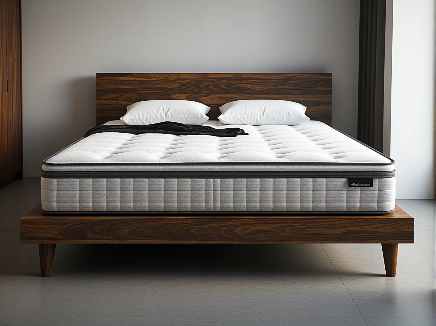 Uśmiechnięty mężczyzna budzący się bez bólu pleców po nocy na materacu termoelastycznym.