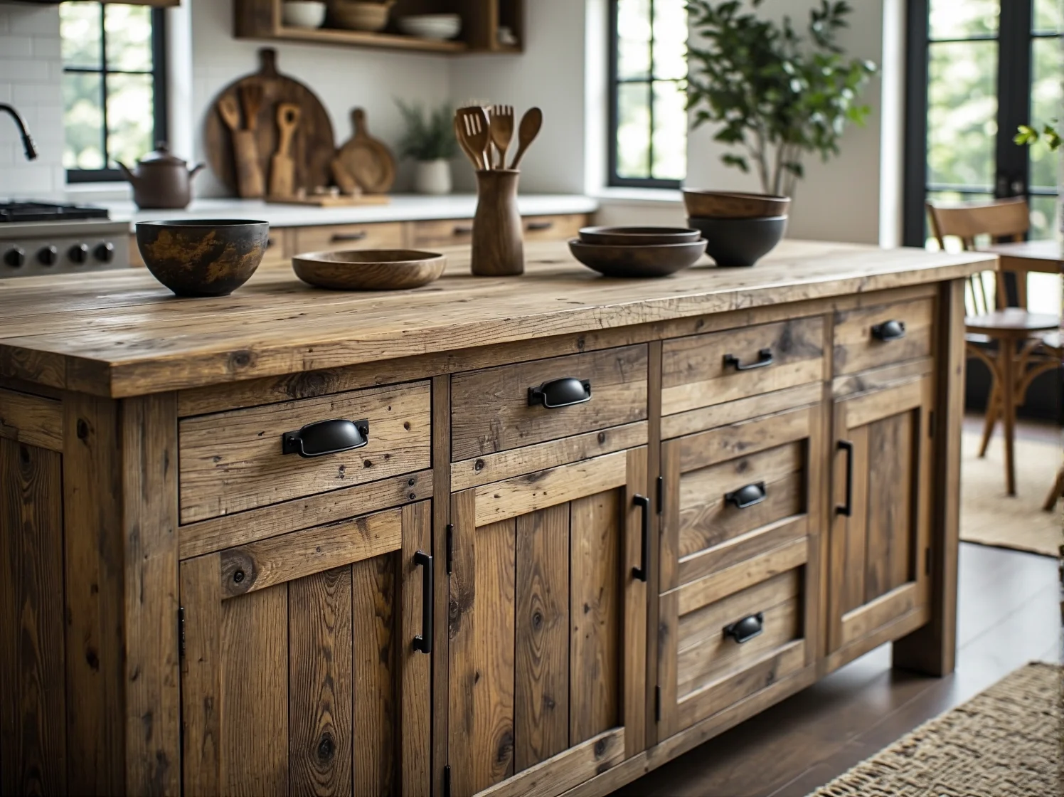 Rustykalna kuchnia eco-friendly z wyspą kuchenną z drewna z odzysku i roślinami.