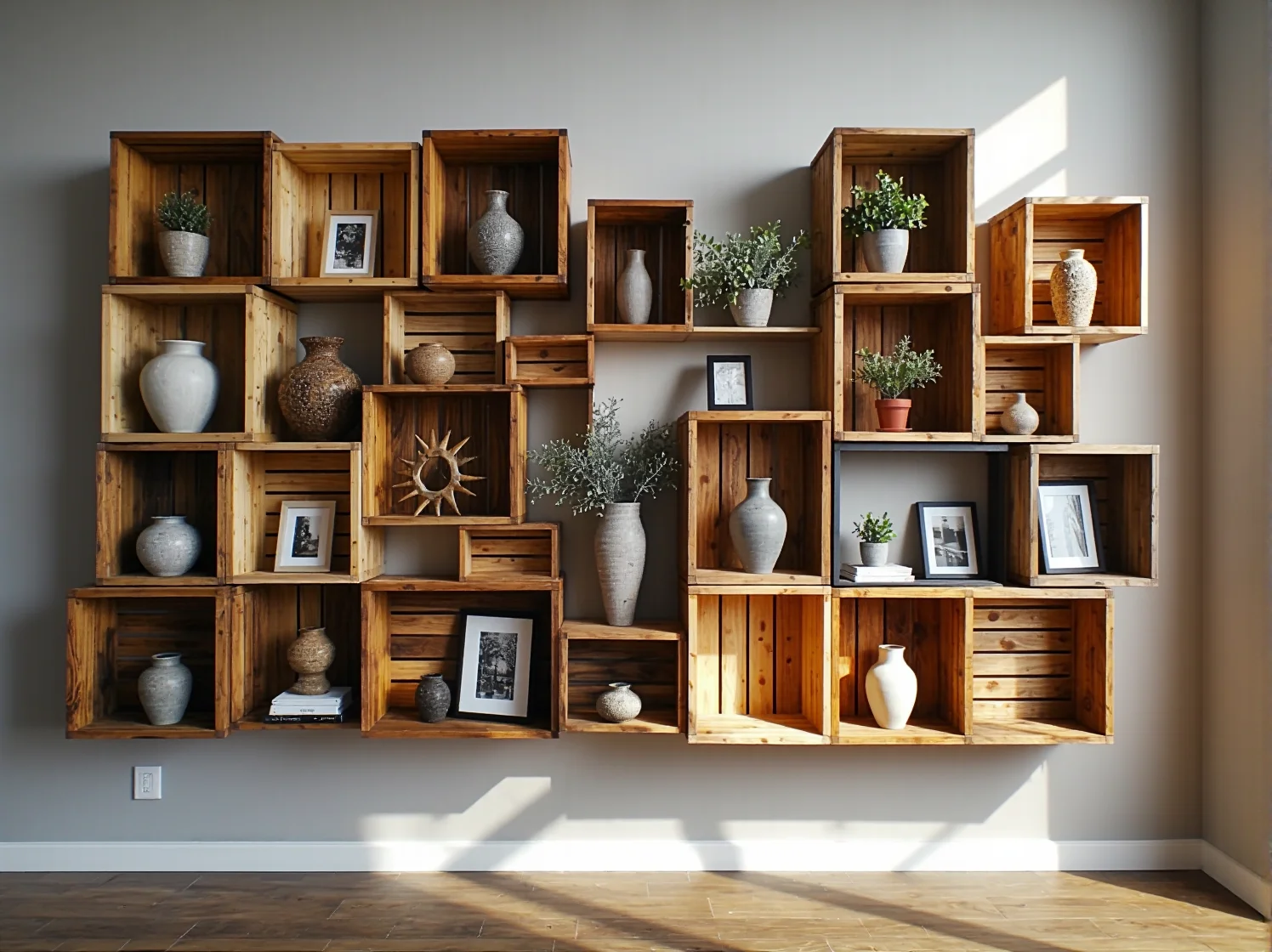 Wiszące kwietniki z drewnianych skrzynek na balkonie – dekoracje DIY z drewna.