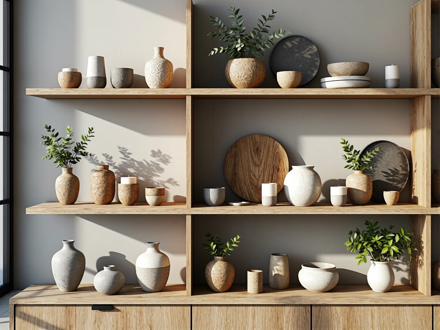 Nowoczesna lampa stołowa na komodzie w salonie scandi wprowadzająca ciepły blask.