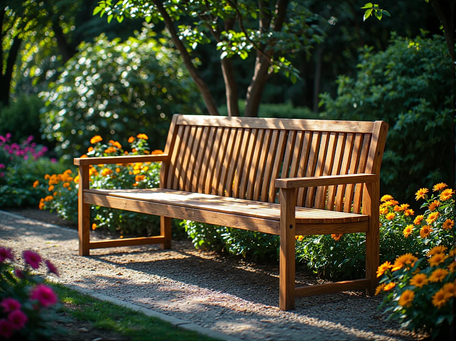 Eleganckie leżaki z drewna teakowego przy basenie w słonecznym ogrodzie.