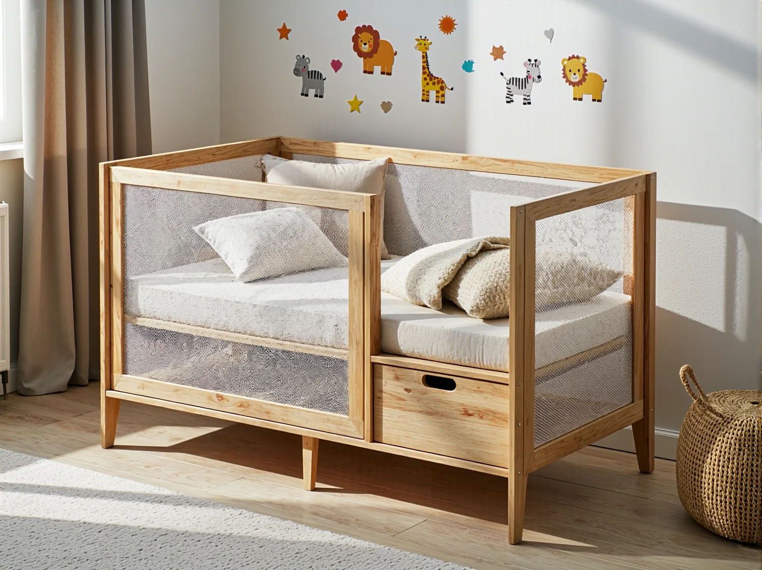 Łóżko piętrowe z biurkiem dla dziecka, oszczędność miejsca w małym mieszkaniu.