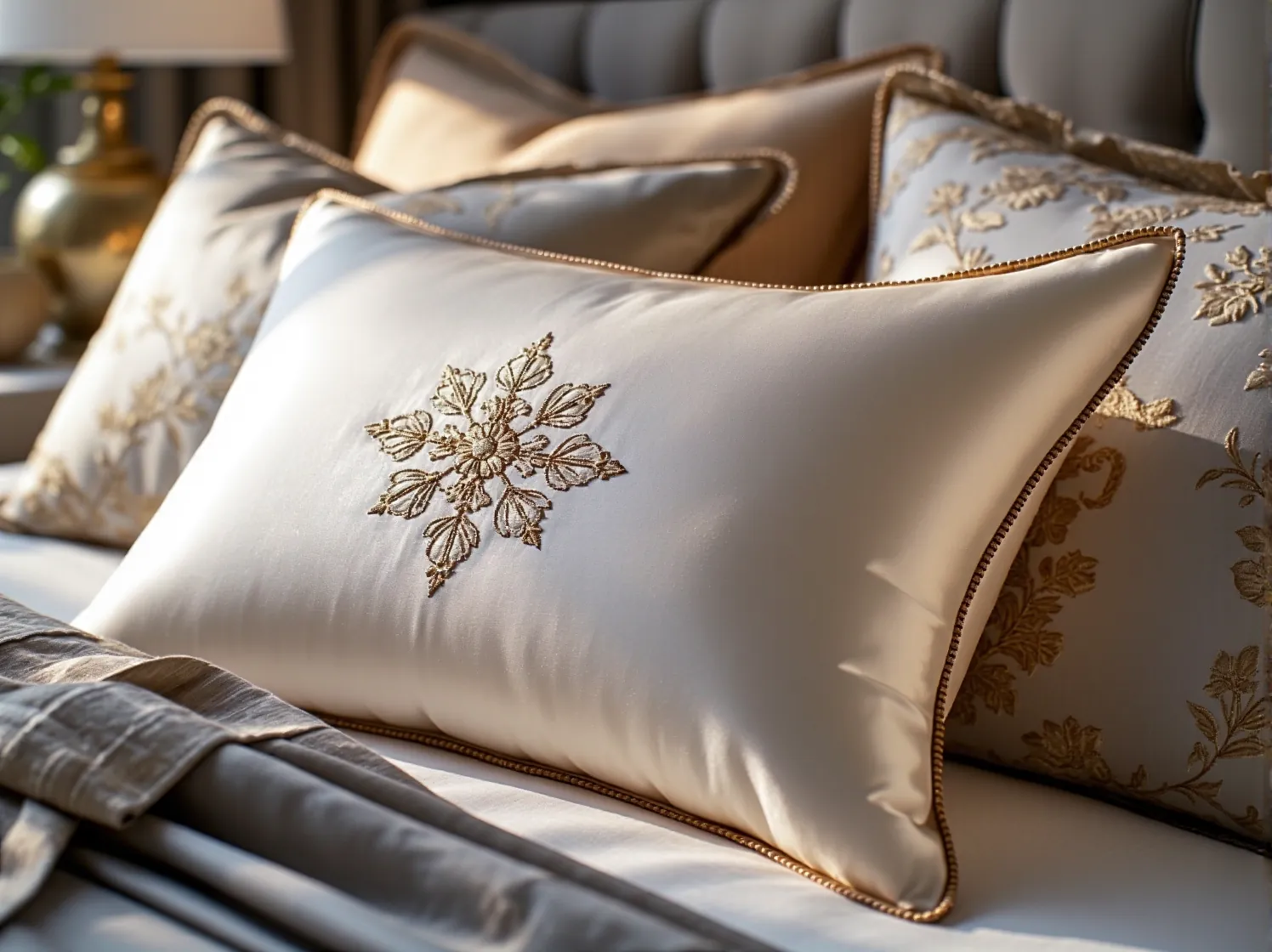 Luksusowa sypialnia glamour z pościelą z jedwabiu i eleganckim zagłówkiem.